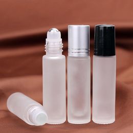 Thick Frosted Clear Glass Roller Bottles Vials Containers with Metal Roller Ball and Black Gold Silver Cap for Essential Oil Perfume 10ml