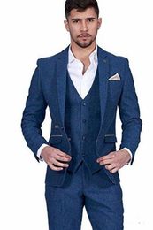 New Arrival Blue Tweed Groom Tuxedos Notch Lapel Groomsmen Mens Wedding Business Prom Suits (Jacket+Pants+Vest+Tie) 473