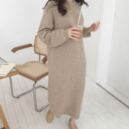 Women Autumn Winter Long Sleeve Long Sweater Dress Female Pullover Straight Knitted Solid Korean Clothes Plus Size Robe Femme
