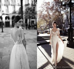 Sexy Lace Wedding Gowns A Line Open Back Pearls Spaghetti Straps Applique Backless Floor Length Wedding Bridal Dresses High Quality