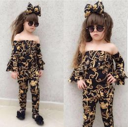 Baby Girl Clothes Sets Flare Sleeve Toddler Girl Tops Pants Headband 3pcs Sets Off Shoulder Girls Outfits Baby Clothing Gold Printed DW4291