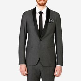 High Quality One Button Dark Grey Groom Tuxedos Shawl Lapel Men Suits 2 pieces Wedding/Prom/Dinner Blazer (Jacket+Pants+Tie) W696