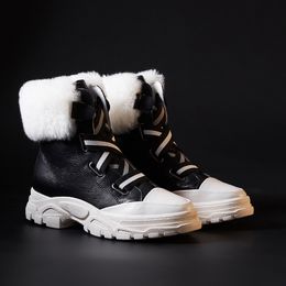Hot Sale-WETKIS Shearling Platform Women Ankle Boots Round Toe Footwear Leather Female Fur Snow Boots Casual Sneakers Shoes Woman Winter