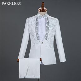 White Embroidered Suit Men Diamond Wedding Groom Tuxedo Suits Men Stage Singer Costume Homme Party Prom Mens Suits with Pants