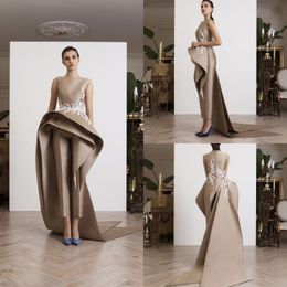 Azzi Osta Champagne 2019 Jumpsuits Prom Dresses Peplum Jewel Neck Lace Appliqued Celebrity Party Gowns Dubai Satin Long Evening Dress