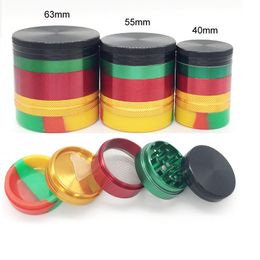 Rasta Colour Aluminium Smoking Herb Grinder Silicone Storage Stash Jars 40/55/63 5Piece Metal Smoking Tobacco Herb Spice Crusher Grinder Smoki