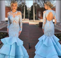 O-Neck Neckline Long Sleeves Illusion Tulle Lace Applique Prom Dress with Layered Backless Mermaid Party cocktail Dress