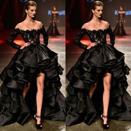Charming Black Prom Gowns 2019 Bead Lace Organza Long Sleeve High Low Sheer Neck Ruffles Tiered Formal Dresses Evening Wear