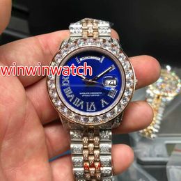 High Quality full iced out Watch 40MM two tone rose gold case blue dial luxury Watch Automatic Day Date Waterproof watches free shipping