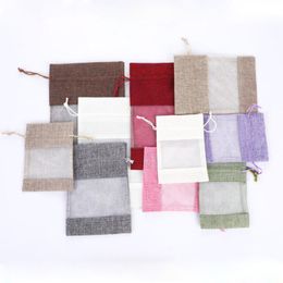 Clear Window Jute Gift Bag Burlap Party Favour Sack Bag Linen Drawstring Pouch Organza Jewellery Gift Candy Bag ZC0006