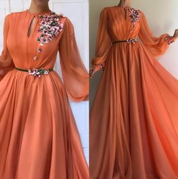 cheap Elegant Orange Long Sleeves Flowers Dubai Evening Dresses 2020 A-Line Chiffon Islamic Saudi Arabic Long Prom Gown Robe de soiree