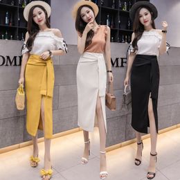 New women's high waist korean fashion lacing bow patchwork sexy vent jag maxi long pencil skirt plus size S M L XL