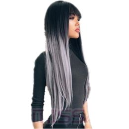 Straight Synthetic Wigs Long Black And Grey