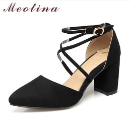 Meotina Women Shoes Pumps Gladiator Shoes Ankle Strap High Heels Cross-tied Thick Heel Pointed Toe Two Piece Footwear Size 34-43