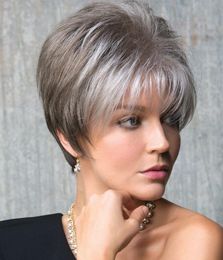 Grey dark brown ombre short hair wig with bang Heat resistant Fibre synthetic wig capless fashion wig for women