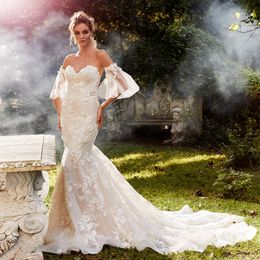 Classy Mermaid Lace Wedding Dresses With Detachable Sleeves Sweetheart Neck Beaded Bridal Gowns Tulle Sweep Train Trumpet robe de mariée