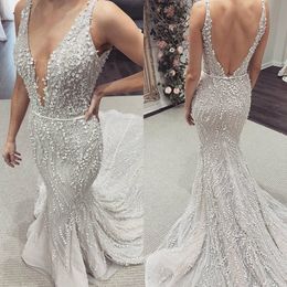 Mermaid Wedding Dresses Lace Beads Deep V Neck Sexy Backless Sweep Train Country Bridal Gowns Custom Made Beach Wedding Dress