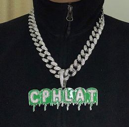 A-Z Custom Name Green Drip Oil Letters Pendant Necklace Charm CZ Hip Hop Jewellery with Gold Silver with 3mm Rope Chain