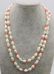 Hand knotted beautiful 8-10mm white freshwater cultured baroque pearl pink coral necklace 82 cm fashion jewelry