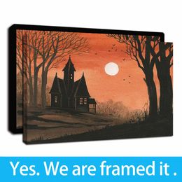 Halloween City Moonlight Landscape Canvas Wall Art Pictures Giclee Print Wall Decor Oil Painting on Canvas Framed Artwork Living Room