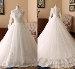 2019 Bling Pearls Beaded Ball Gowns Wedding Dresses Lace With Sleeve High Neck Applique Muslim Wedding Dress Bridal Gowns Real Image