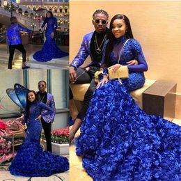 Royal Blue Mermaid Evening Dresses Plus Size Long Sleeve Black Girls Rose Flower Appliqued Prom Gowns Beads Special Occasion Dress