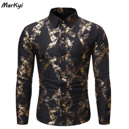 MarKyi 2019 fashion gold stamp print mens shirts regular fit good quality men dress shirt long sleeve