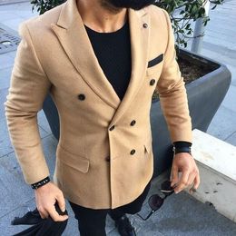 Handsome Double Breasted Woollen Fabric Man Business Suits Beige Groom Tuxedos Men Prom Party Coat Trousers Sets (Jacket+Pants+Bow Tie) K28