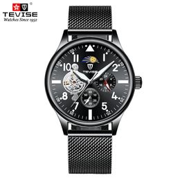 Tevise Men Automatico orologio meccanico nero completo in acciaio tourbillon orologio da polso luna fase cronografo orologio maschile
