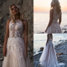 Bohemian Beach Wedding Dresses Jewel Neck Lace Appliques Beaded Bridal Gowns Summer Boho Tulle Custom Wedding Dress