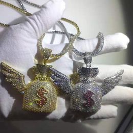 Hip Hop AAA CZ Zircon Stone Setting Bling Iced Out Angel Wing US Dollar Purse Money Bag Pendants Necklace for Men Rapper Jewellery