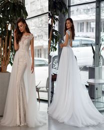 Elegant Mermaid Wedding Dresses With Detachable Train Jewel Short Sleeve Full Appliques Lace Bridal Gown Sweep Train Vestidos De Novia