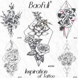 Losange Lotus Fleur Feuilles Temporaire Géométrique Tatouage Rose Branche Faux Tatouages Body Art Bras Femmes Fille Imperméable Noir Tatouages