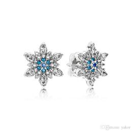 NEW authentic 925 Sterling Silver Blue snowflake Stud EARRING Original Box Set for Pandora 925 Snow Earrings for Women Girls Gift Jewelry