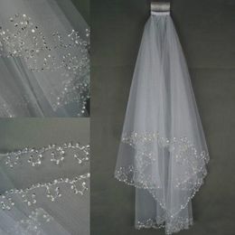 In Stock Wedding Bridal Veils Crystals 2-Layer Handmade Crescent Edge Bridal Accessories White and Ivory Bridal Veils Beads With C273c