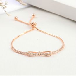 Wholesale-Women Fashion Chain Bowknot Sterling Silver Charms Bracelet Ladies Cubic Zircon Bracelets Female Jewellery