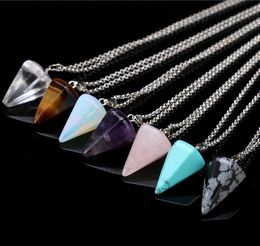 Natural Gemstone Pendant Necklace Crystal Healing Chakra Reiki Silver Stone Hexagonal Prisme Cone Pendulum Charm Necklaces GB1465