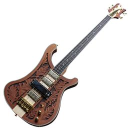 CNC Engraving Pattern Neck-thru-Body Golden Bridge Electric Bass Guitar with 4 Pickups,Rosewood Fingerboard,Can be customized