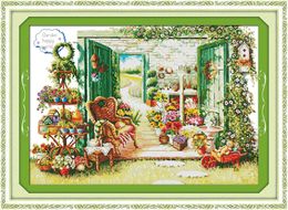 Flower shop garden Home decor painting ,Handmade Cross Stitch Embroidery Needlework sets counted print on canvas DMC 14CT /11CT