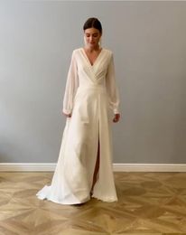 2020 Elegant Bohemian Long Sleeves Wedding Dress A Line Chiffon Modest Simple Sexy Deep V Neck High Slit Women Plus Size Bridal Gowns