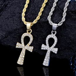 -Cross Legierung Anhänger für Männer Gold / Silber Schlüssel des Lebens Ägyptischen Charme Halskette Hip Hop Schmuck Bling Euro Out Kette Kristall Ankh