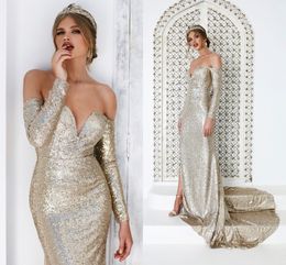 2019 Gorgeous Sequins Mermaid Evening Dresses Off The Shoulder Long Sleeves Split Floor Length Champagne Gold Prom Dresses Formal Gowns