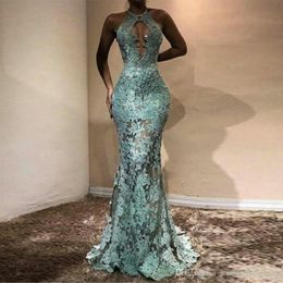 Light Blue Lace Mermaid Prom Dresses Halter Keyhole Neck Sexy Sleeveless backless Sheer Spercial Evening Party Gowns Formal Occation