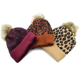 Leopard Winter Mom Women Baby Kids Crochet Knitted Hat Caps Children Girl Boy Fur Warm Ball Pompom Beanies Hats