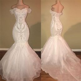 2020 New Arrival Mermaid Wedding Dresses African Off Shoulder Lace Appliques Sequins Backless Plus Size Sweep Train Formal Bridal Gowns