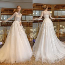 Elegant Lace Long Sleeves Wedding Dresses Sheer Bateau Neck Appliqued Bridal Gowns Sweep Train Tulle A Line robe de mariée