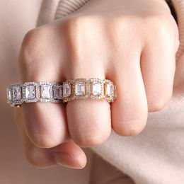 18k Gold Bling Rectangle Cz Cubic Zirconia Mens Hip Hop Ring Band Personalized Iced Out Full Diamond Rapper Jewelry Gifts for Men Women 18k Gold Plated