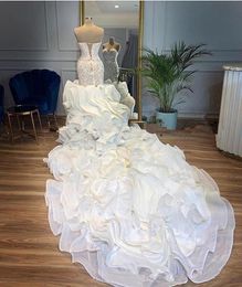 Cascading Ruffles Cathedral Train Mermaid Wedding Dresses Bridal Gowns 2021 Sweetheart Corset Back Beaded Work Arabic Church Plus 329S