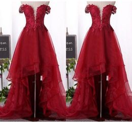 Dark Red Organza Ruffles High Low Dress Prom Dresses 2019 Off The Shoulder With Sleeves Lace Applique Formal Evening Gowns Party Homecoming