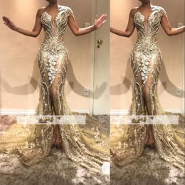 Sexy Evening Dresses Wear Mermaid One Shoulder White Lace Appliques Crystal Pearls Front Split Open Back Sheer Formal Party Prom Dress
